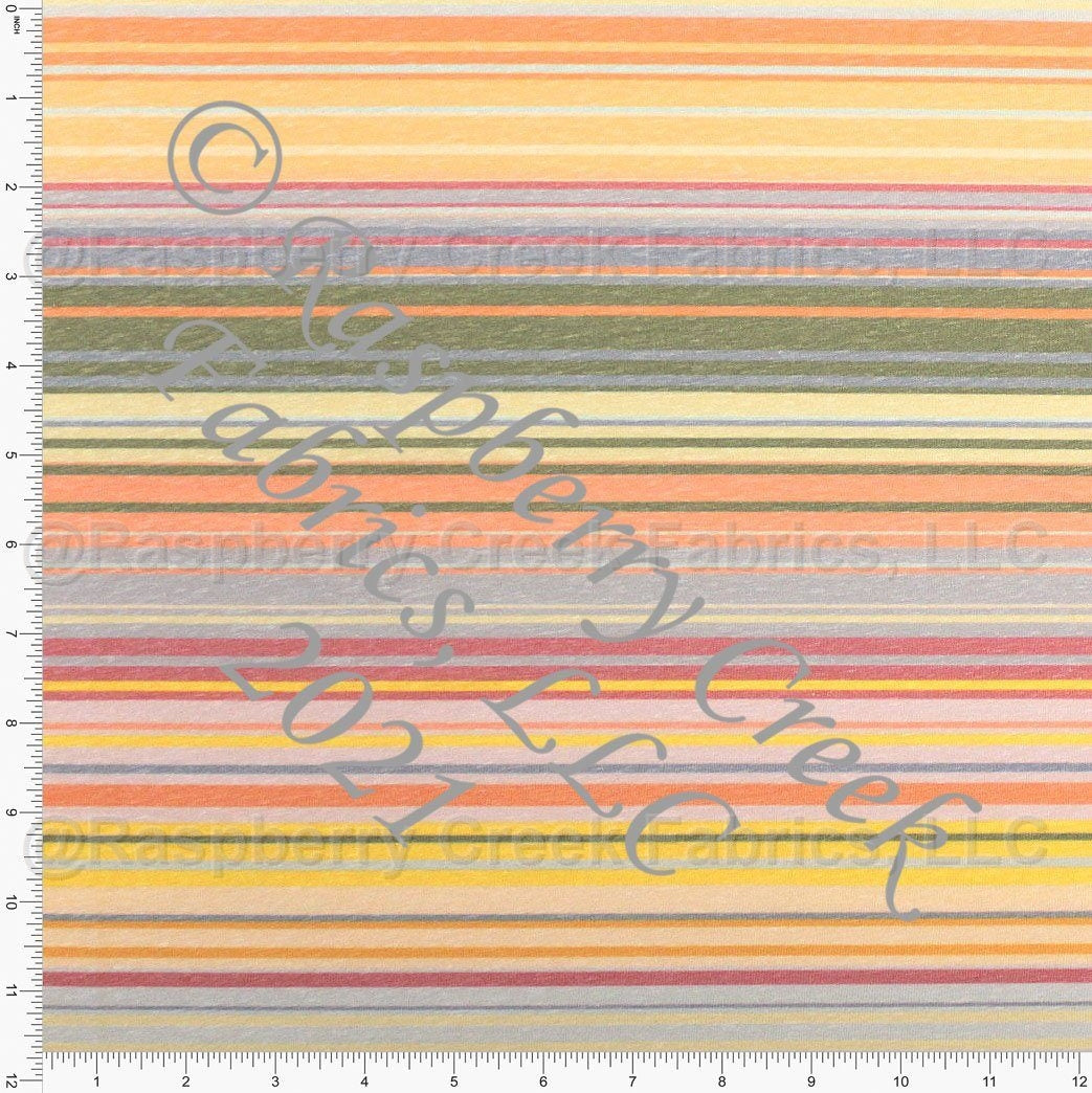 Olive Denim Blue Orange Yellow and Dusty Red Heathered Serape Look Multi Stripe Tri-Blend Jersey Knit Fabric, By Emily Ferguson for CLUB Fabrics Fabric, Raspberry Creek Fabrics, watermarked