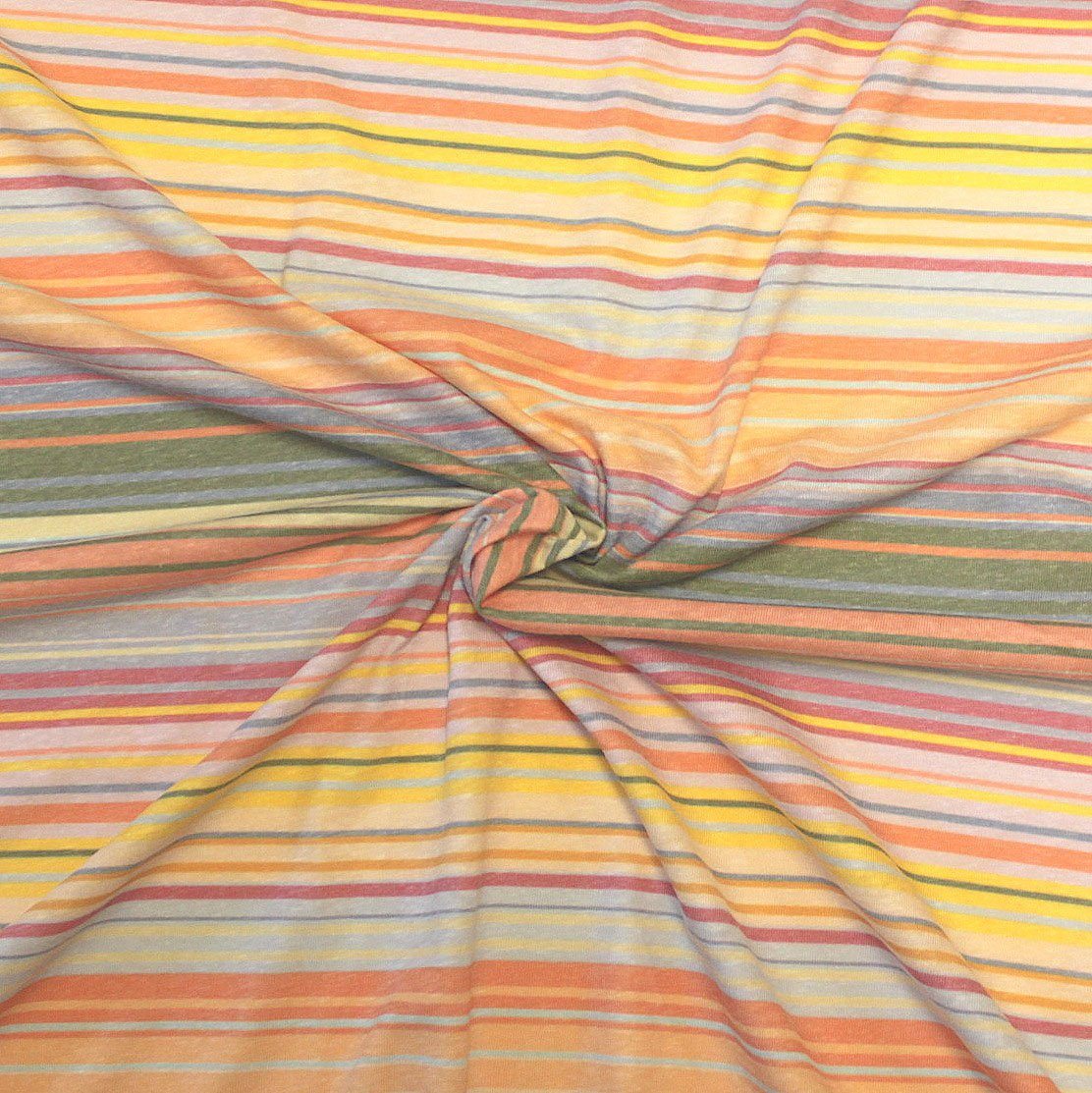 Olive Denim Blue Orange Yellow and Dusty Red Heathered Serape Look Multi Stripe Tri-Blend Jersey Knit Fabric, By Emily Ferguson for CLUB Fabrics Fabric, Raspberry Creek Fabrics, watermarked