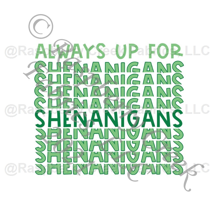 Tonal Green and White Always Up For Shenanigans Panel, Luck and Shenanigans by Bri Powell for CLUB Fabrics Fabric, Raspberry Creek Fabrics, watermarked