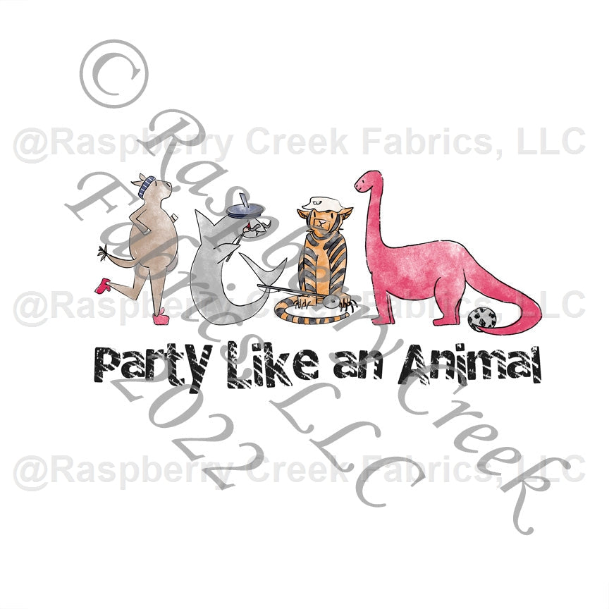 Red Orange Brown and Black Party Like An Animal Panel, Silly Animals By Brittney Laidlaw for Club Fabrics Fabric, Raspberry Creek Fabrics, watermarked