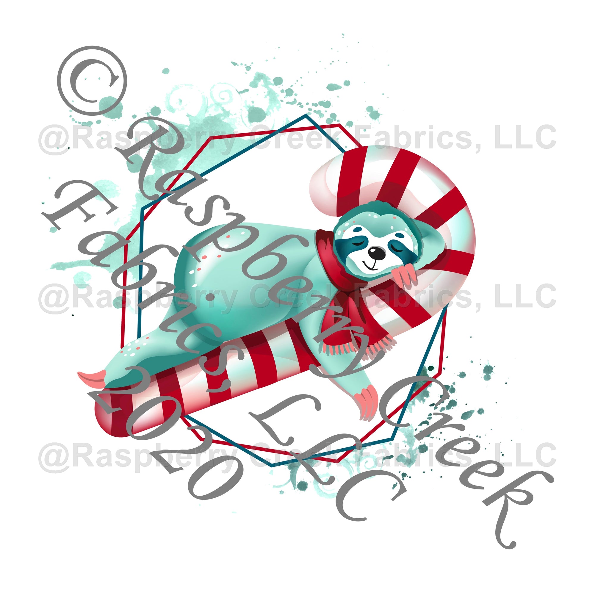Mint Red and Teal Sloth Candy Cane Panel, Whimsical Christmas By Tonya Knowlden for Club Fabrics Fabric, Raspberry Creek Fabrics, watermarked