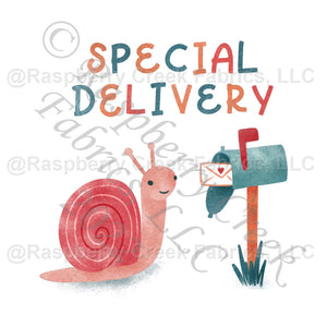 Teal Red and Orange Special Delivery Panel, Snail Mail by Janelle Coury for CLUB Fabrics Fabric, Raspberry Creek Fabrics, watermarked
