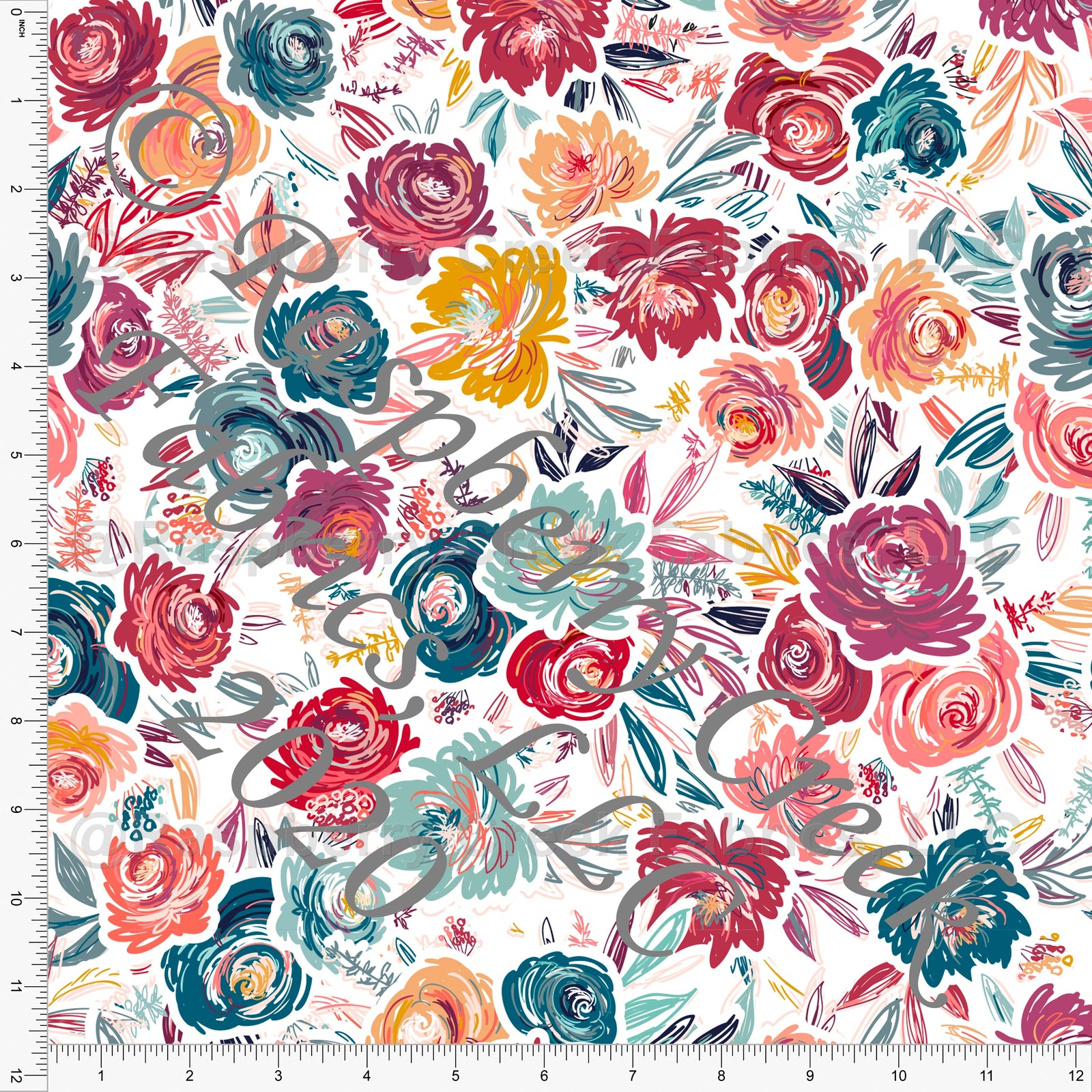 Burgundy Mustard Teal Mint and Coral Floral Print Ponte De Roma Knit Fabric, By Tonya Knowlden for CLUB Fabrics Fabric, Raspberry Creek Fabrics, watermarked