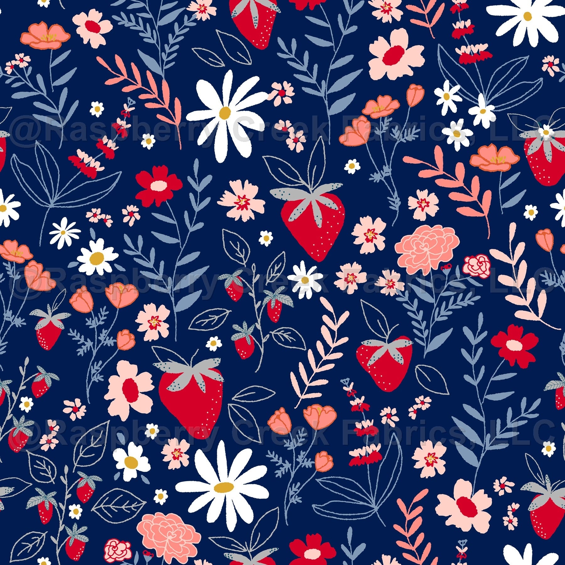 Navy Red Blossom and Periwinkle Strawberry Floral Print Fabric