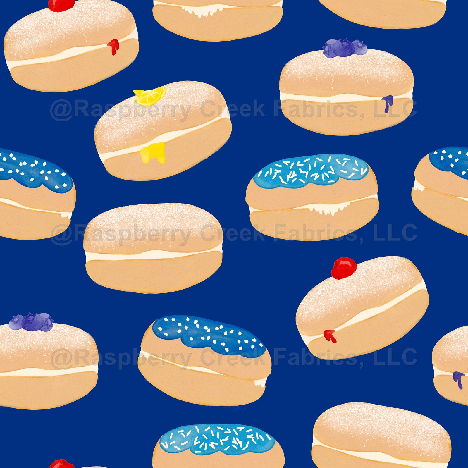 Hanukkah Sufganiyot Jelly Doughnuts Dark Blue , Raspberry Creek Fabrics, watermarked