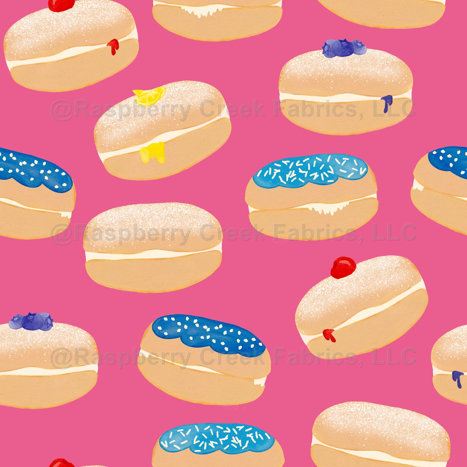 Hanukkah Sufganiyot Jelly Doughnuts Pink , Raspberry Creek Fabrics, watermarked