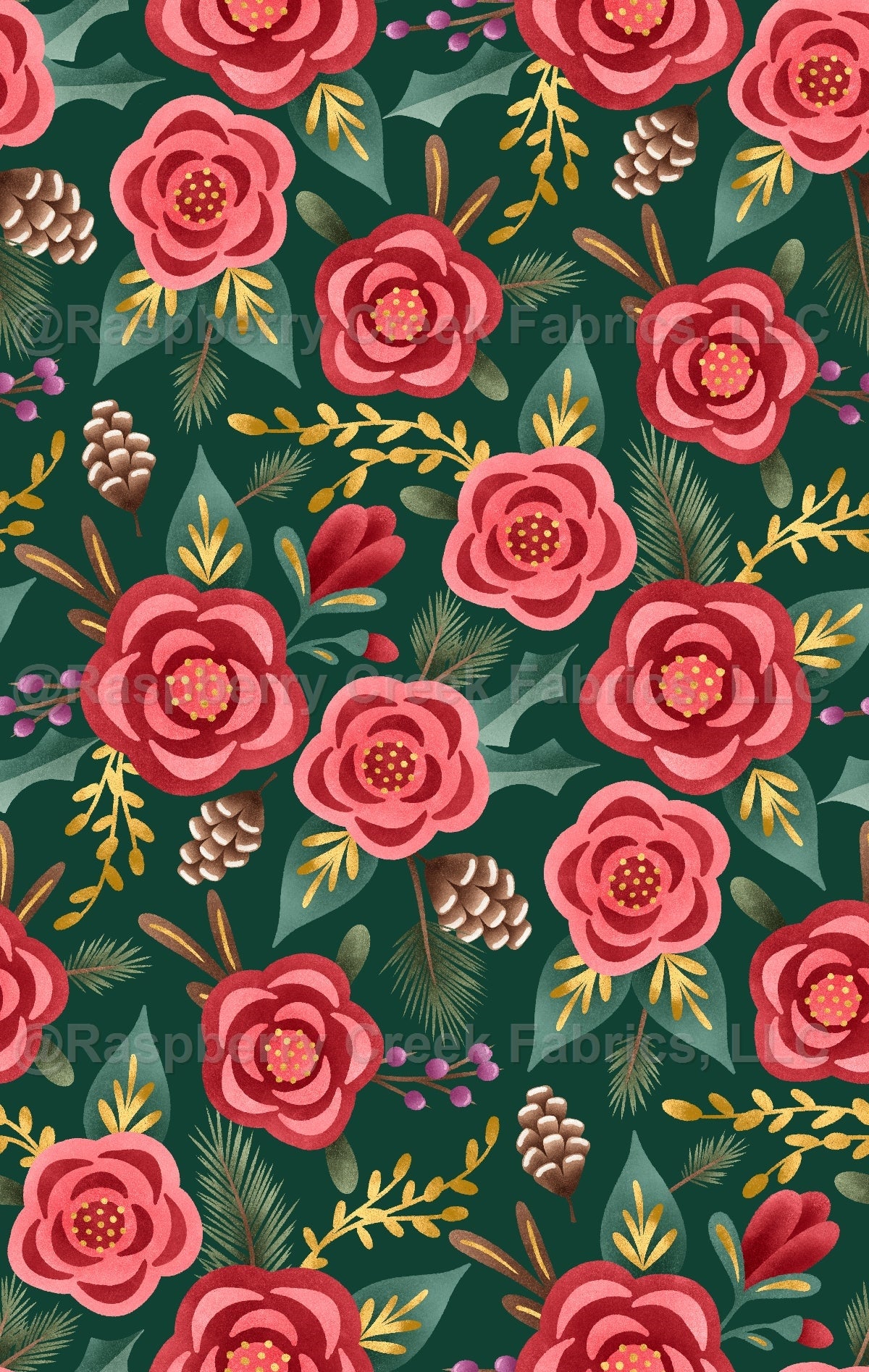 Sugar Plum Floral Pine Fabric, Raspberry Creek Fabrics, watermarked