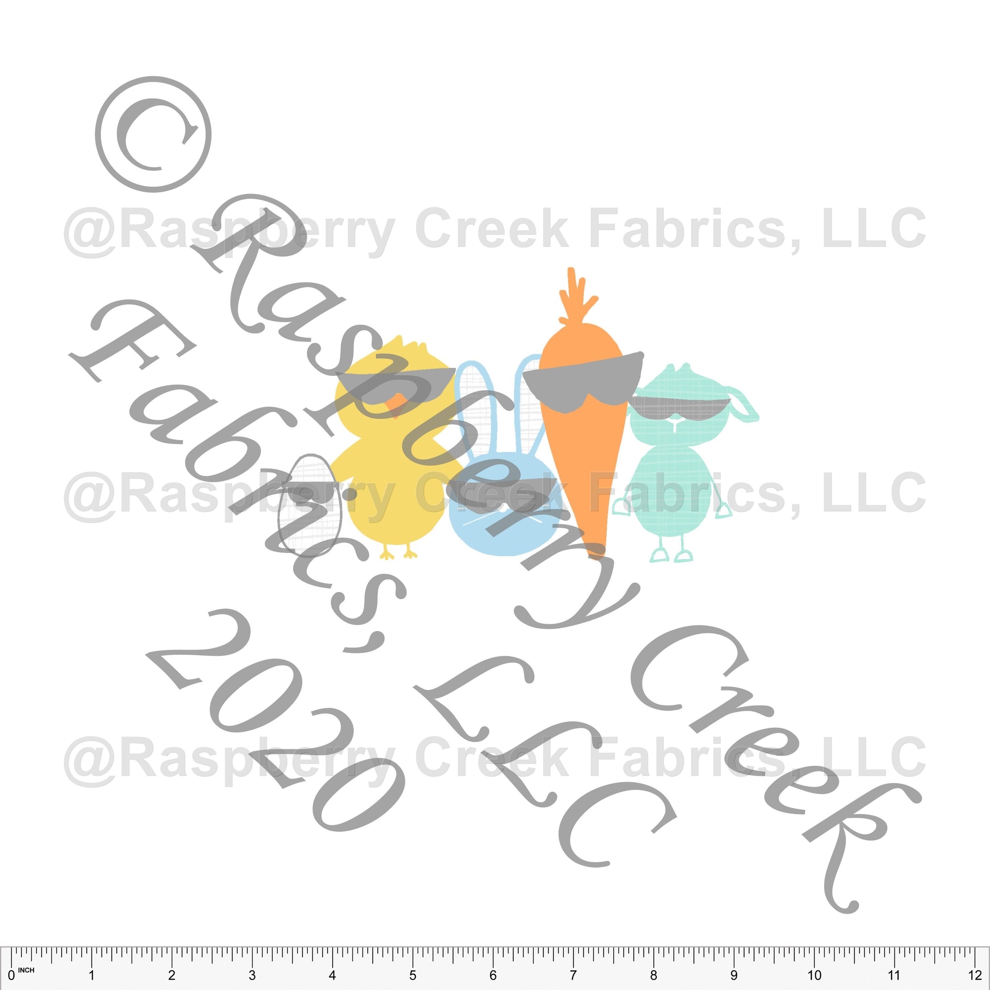 Light Blue Mint Grey Yellow and Orange Cool Easter Friends Panel By Elise Peterson for Club Fabrics Fabric, Raspberry Creek Fabrics, watermarked