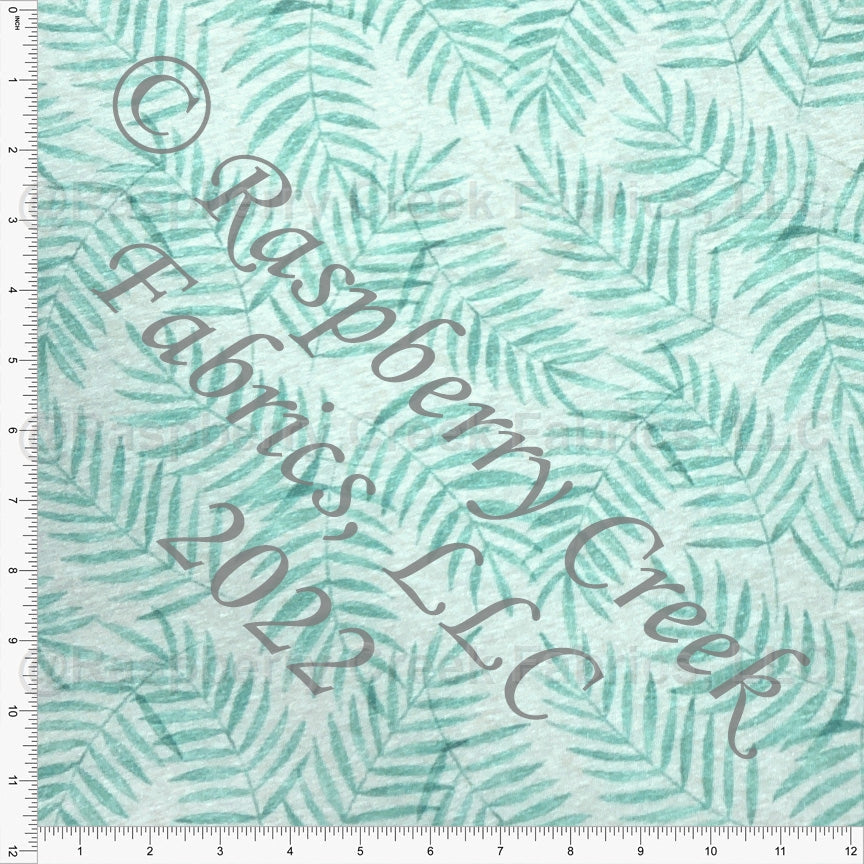 Tonal Mint Palm Frond Tri-Blend Jersey Knit Fabric, Sweet Tropical by Janelle Coury for CLUB Fabrics