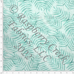 Tonal Mint Palm Frond Tri-Blend Jersey Knit Fabric, Sweet Tropical by Janelle Coury for CLUB Fabrics Fabric, Raspberry Creek Fabrics, watermarked
