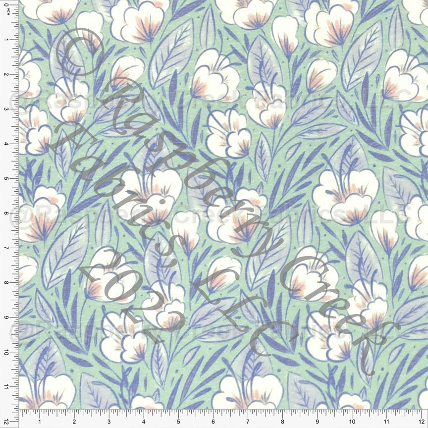 Mint Periwinkle Pink and White Floral Tri-Blend Jersey Knit Fabric, Sweet Tropical by Janelle Coury for CLUB Fabrics
