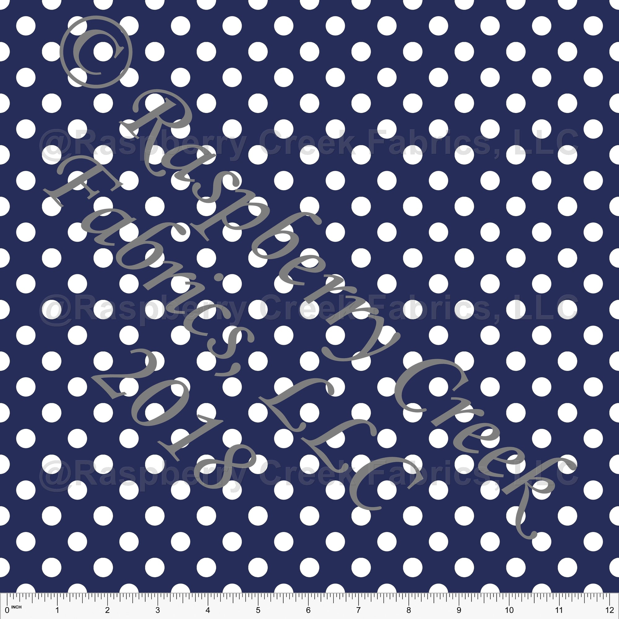 Navy and White Polka Dot Print Fabric, Club Fabrics Fabric, Raspberry Creek Fabrics, watermarked