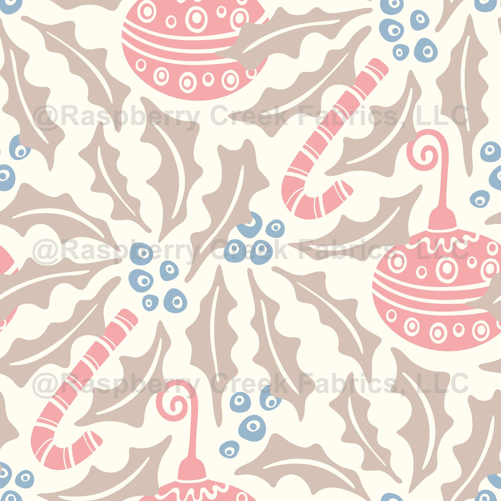Christmas Baubles Holiday Ornaments Candy Canes Holly in Blush Beige Blue Cream - Christmas Cheer Collection - Cozy Colours - UnBlink Studio by Jackie Tahara