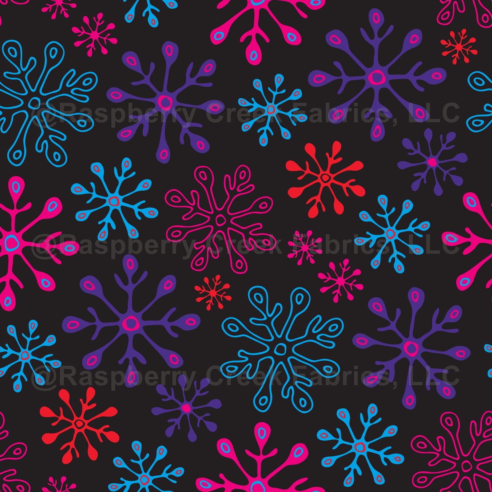 Snowflakes in Bright Fuchsia Pink Blue Purple Red on Black - UnBlink Studio by Jackie Tahara