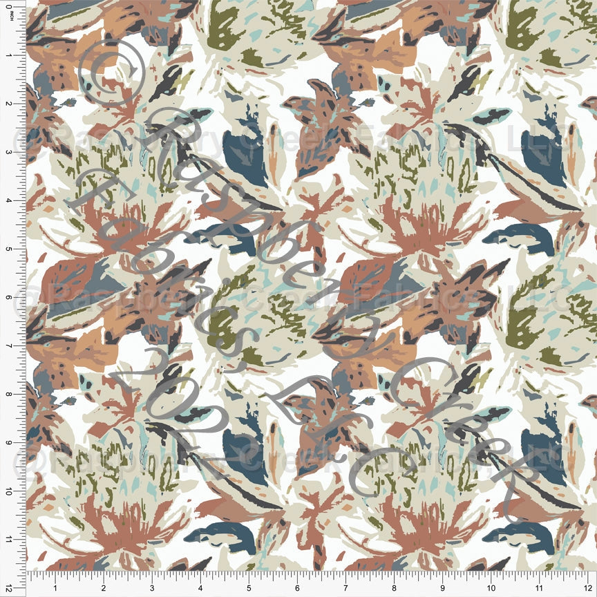 Taupe Teal Rust and Olive Abstract Floral Print Ponte De Roma Knit Fabric, CLUB Fabrics Fabric, Raspberry Creek Fabrics, watermarked