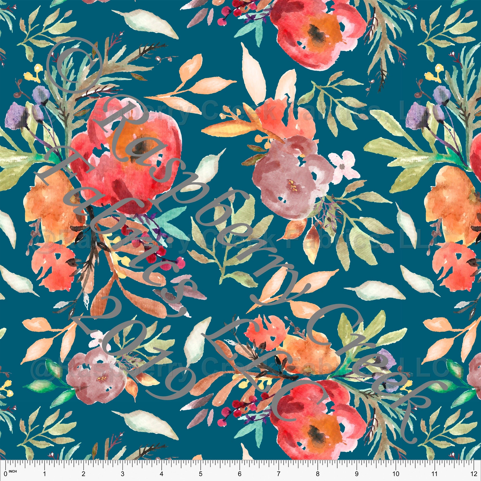 Teal Red Coral Orange and Green Watercolor Floral Rayon Challis, By Elise Peterson for CLUB Fabrics Fabric, Raspberry Creek Fabrics, watermarked