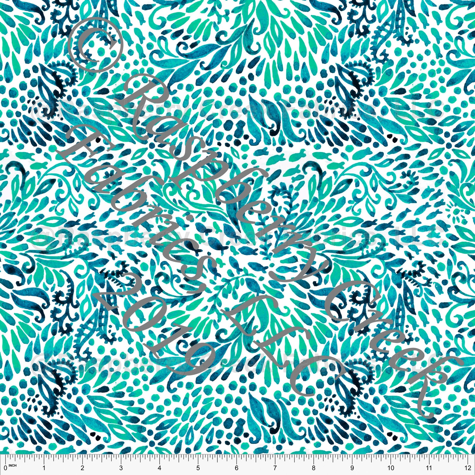 Navy Teal and Green Tonal Abstract Watercolor Seaweed Print Stretch Crepe Fabric, CLUB Fabrics Fabric, Raspberry Creek Fabrics, watermarked