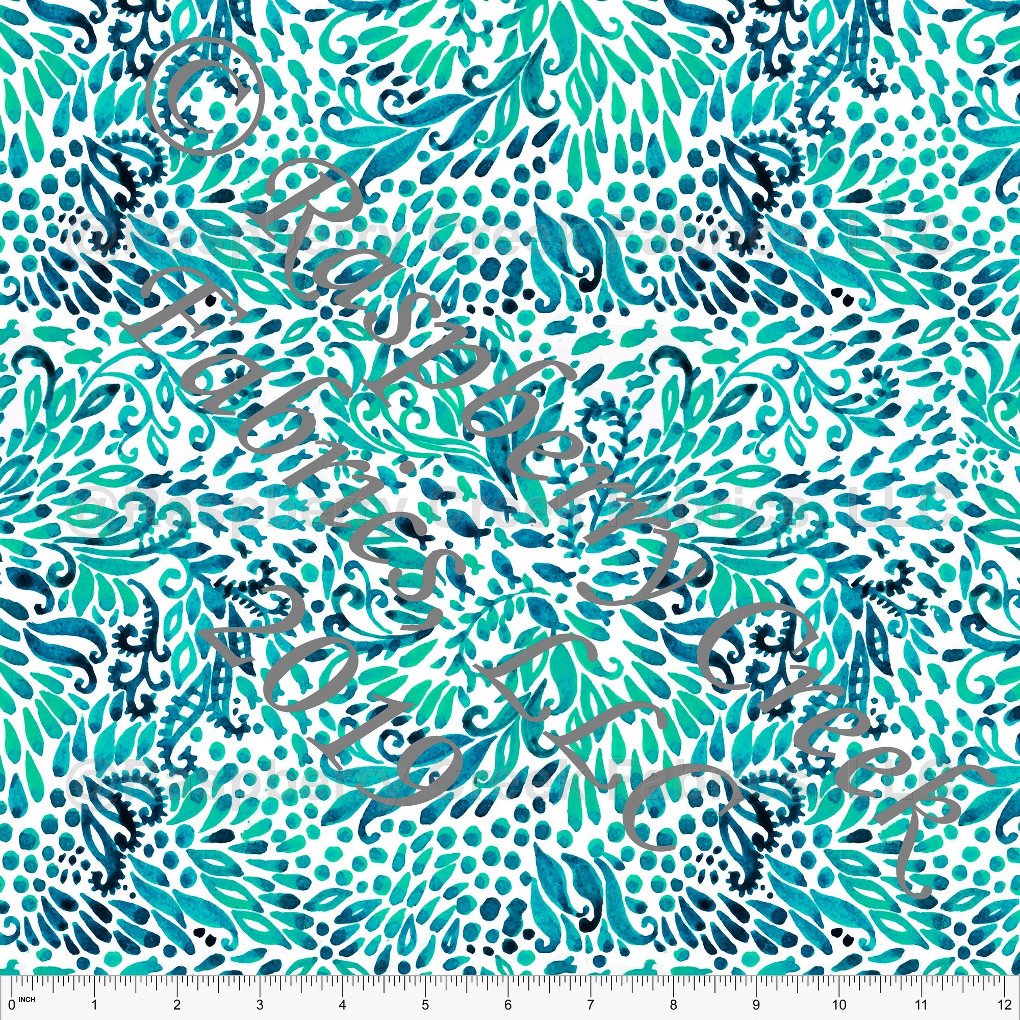 Navy Teal and Green Tonal Abstract Watercolor Seaweed Print Stretch Crepe Fabric, CLUB Fabrics Fabric, Raspberry Creek Fabrics, watermarked