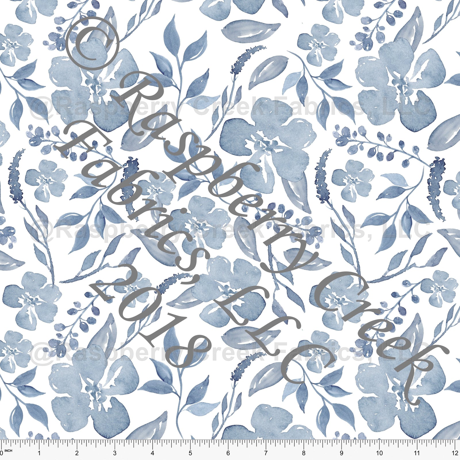 Tonal Blue and White Watercolor Floral Print Rayon Challis, CLUB Fabrics Fabric, Raspberry Creek Fabrics, watermarked