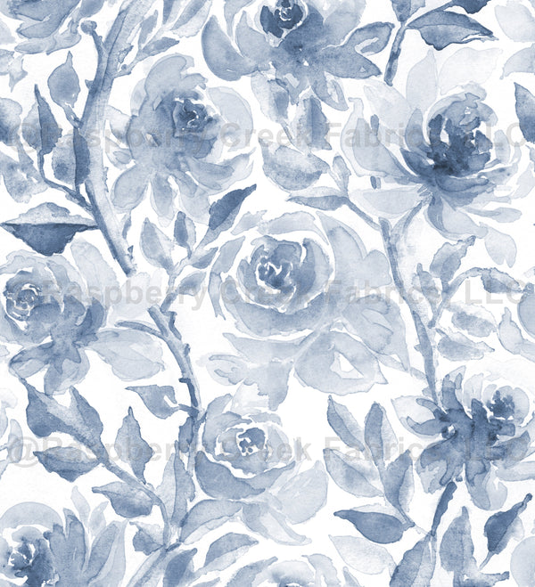 Watercolour hand painted roses in blue gray - Raspberry Creek Fabrics
