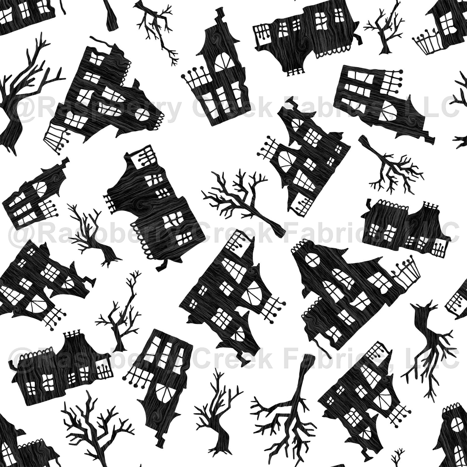 Black and Heathered Grey Weathered Haunted House Spooky Tree Halloween Print Fabric Fabric, Raspberry Creek Fabrics, watermarked