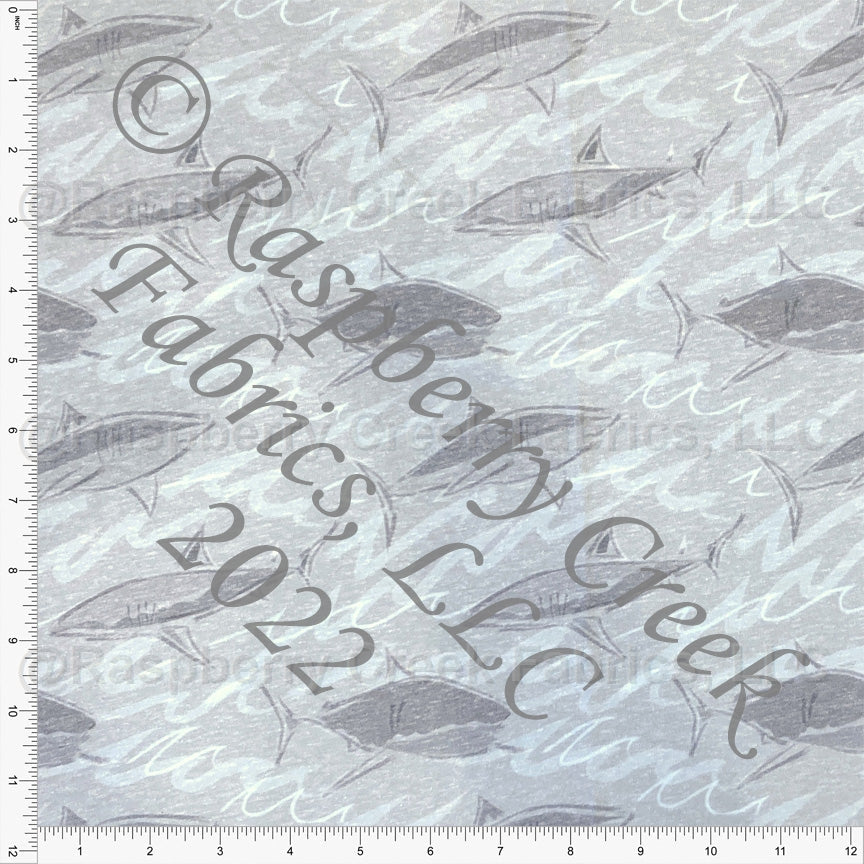 Tonal Grey and Light Blue Shark Wave Tri-Blend Jersey Knit Fabric, By Elise Peterson for CLUB Fabrics