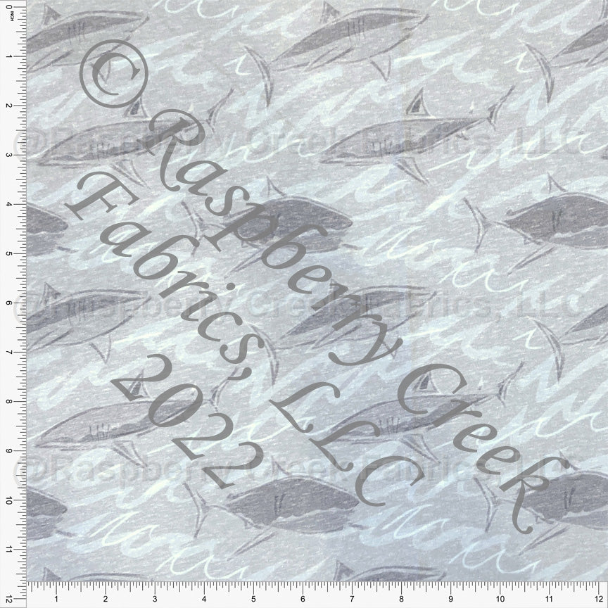 Tonal Grey and Light Blue Shark Wave Tri-Blend Jersey Knit Fabric, By Elise Peterson for CLUB Fabrics Fabric, Raspberry Creek Fabrics, watermarked