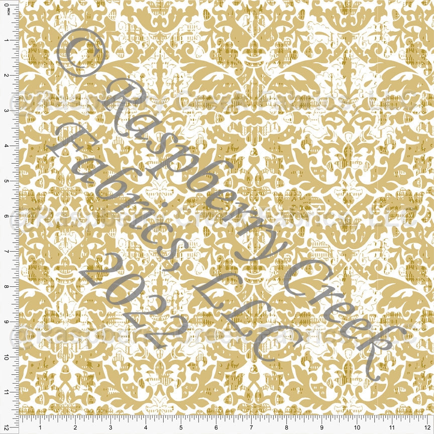 Tonal Mustard and White Abstract Damask Print Rayon Challis, CLUB Fabrics Fabric, Raspberry Creek Fabrics, watermarked