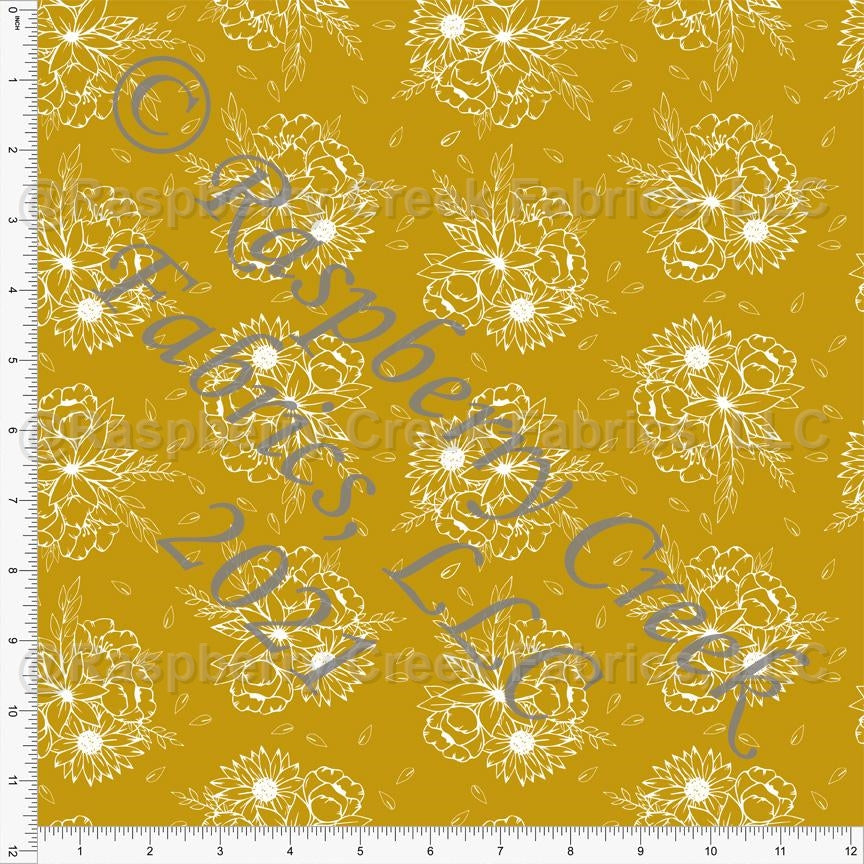 Tonal Mustard and White Line Drawn Floral Print Stretch Crepe, Florals by Lisa Mabey for Club Fabrics
