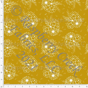 Tonal Mustard and White Line Drawn Floral Print Stretch Crepe, Florals by Lisa Mabey for Club Fabrics Fabric, Raspberry Creek Fabrics, watermarked