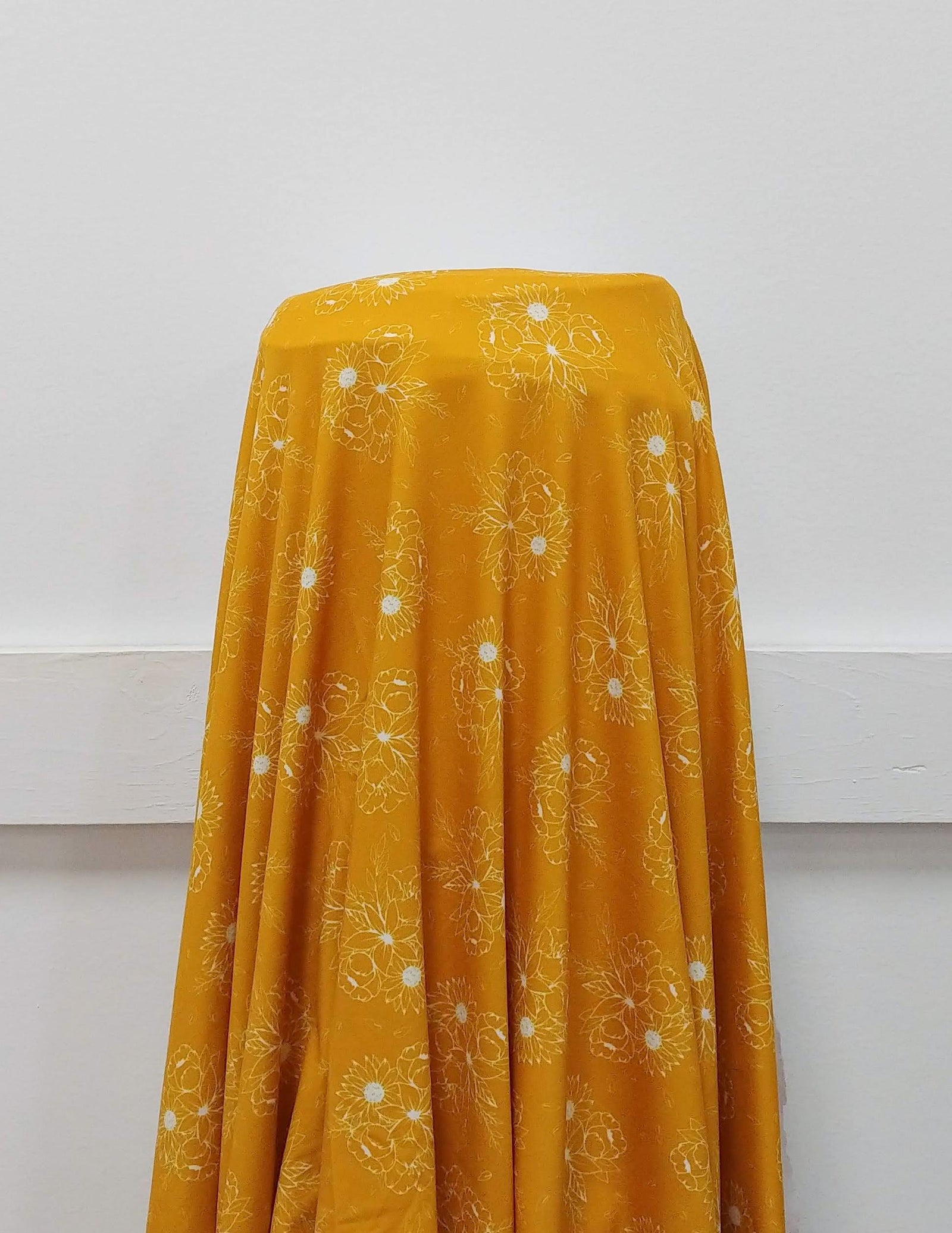 Tonal Mustard and White Line Drawn Floral Print Stretch Crepe, Florals by Lisa Mabey for Club Fabrics