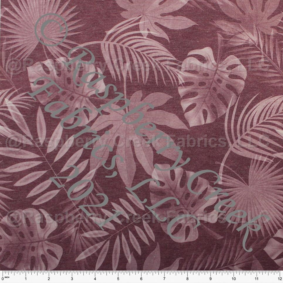 Tonal Plum Tropical Leaves Heathered FLEECE Sweatshirt Knit Fabric, CLUB Fabrics Fabric, Raspberry Creek Fabrics, watermarked