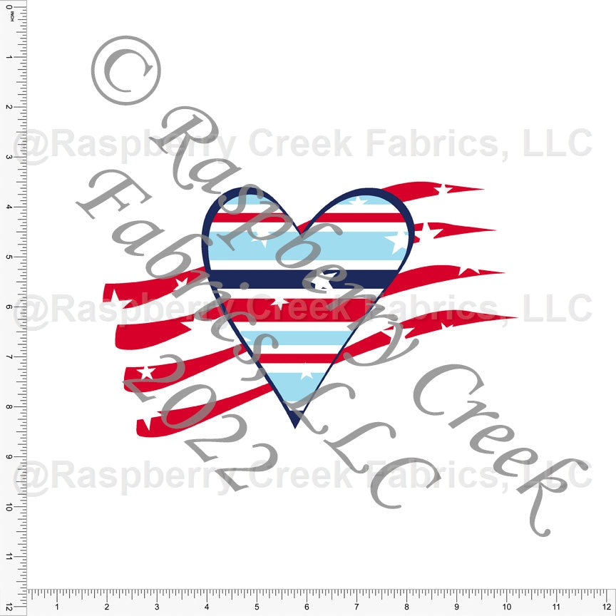 Light Blue Red and Navy Patterned Heart Flag Panel, Traditional By Elise Peterson for Club Fabrics Fabric, Raspberry Creek Fabrics, watermarked