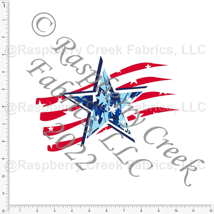 Light Blue Red and Navy Textured Star Flag Panel, Traditional By Elise Peterson for Club Fabrics Fabric, Raspberry Creek Fabrics, watermarked