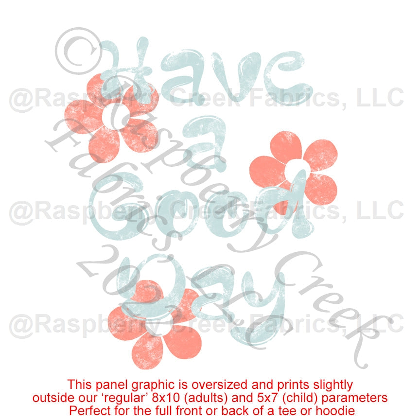 Pale Blue and Coral Textured Have A Good Day Panel, Trends Light for CLUB Fabrics Fabric, Raspberry Creek Fabrics, watermarked