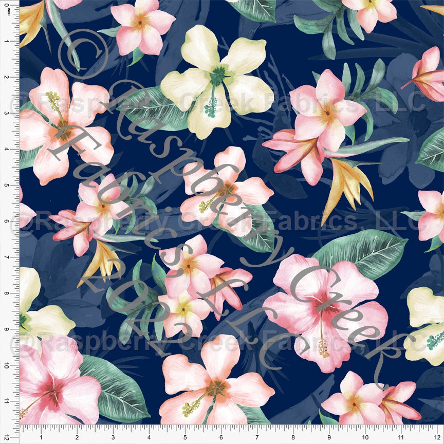 Navy Blossom Light Yellow and Sage Tropical Floral Print Stretch Crepe Fabric, CLUB Fabrics Fabric, Raspberry Creek Fabrics, watermarked