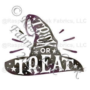 Tonal Black Grey and Purple Witch Hat Trick of Treat Panel, Halloween Panels by Brittney Laidlaw for CLUB Fabrics Fabric, Raspberry Creek Fabrics, watermarked