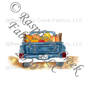 Indigo Blue Orange and Black Fall Pumpkin Truck Panel, Fall Into Halloween By Brittney Laidlaw for Club Fabrics Fabric, Raspberry Creek Fabrics, watermarked