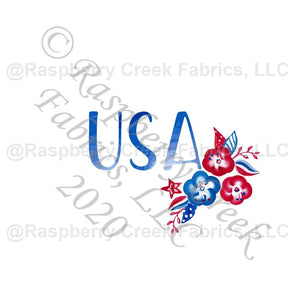 Royal Blue and Red Watercolor USA Floral Panel, Classic Patriotic by Elise Peterson for Club Fabrics Fabric, Raspberry Creek Fabrics, watermarked