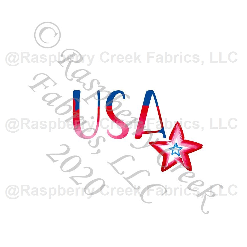 Royal Blue and Red Watercolor USA Star Panel, Classic Patriotic by Elise Peterson for Club Fabrics Fabric, Raspberry Creek Fabrics, watermarked