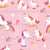 Playful Unicorns, rainbows, flowers and birds on pink, pattern print by Annette Winter Image