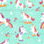 Playful Unicorns, rainbows, flowers and birds on aqua, pattern print by Annette Winter Image