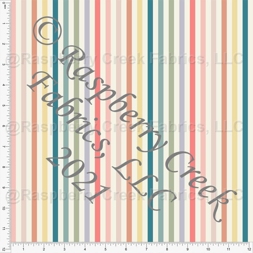 Off White Teal Sage Salmon Pink and Yellow Vertical Stripe Print Rayon Challis, By Kelsey Shaw for CLUB Fabrics