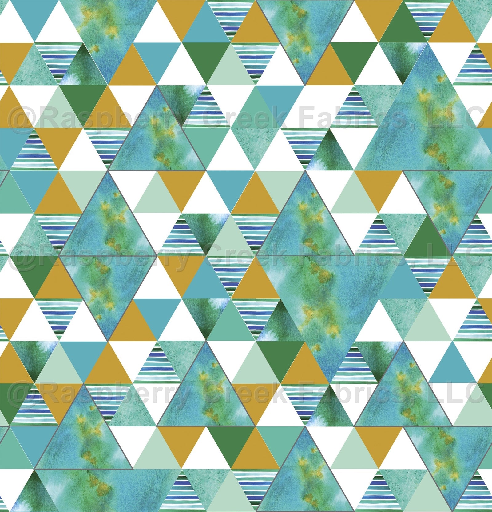 Kelly Green Mustard and Blue Patterned Geometric Triangle Print Fabric, Brushed Poly By Kelsey Shaw Fabric, Raspberry Creek Fabrics, watermarked