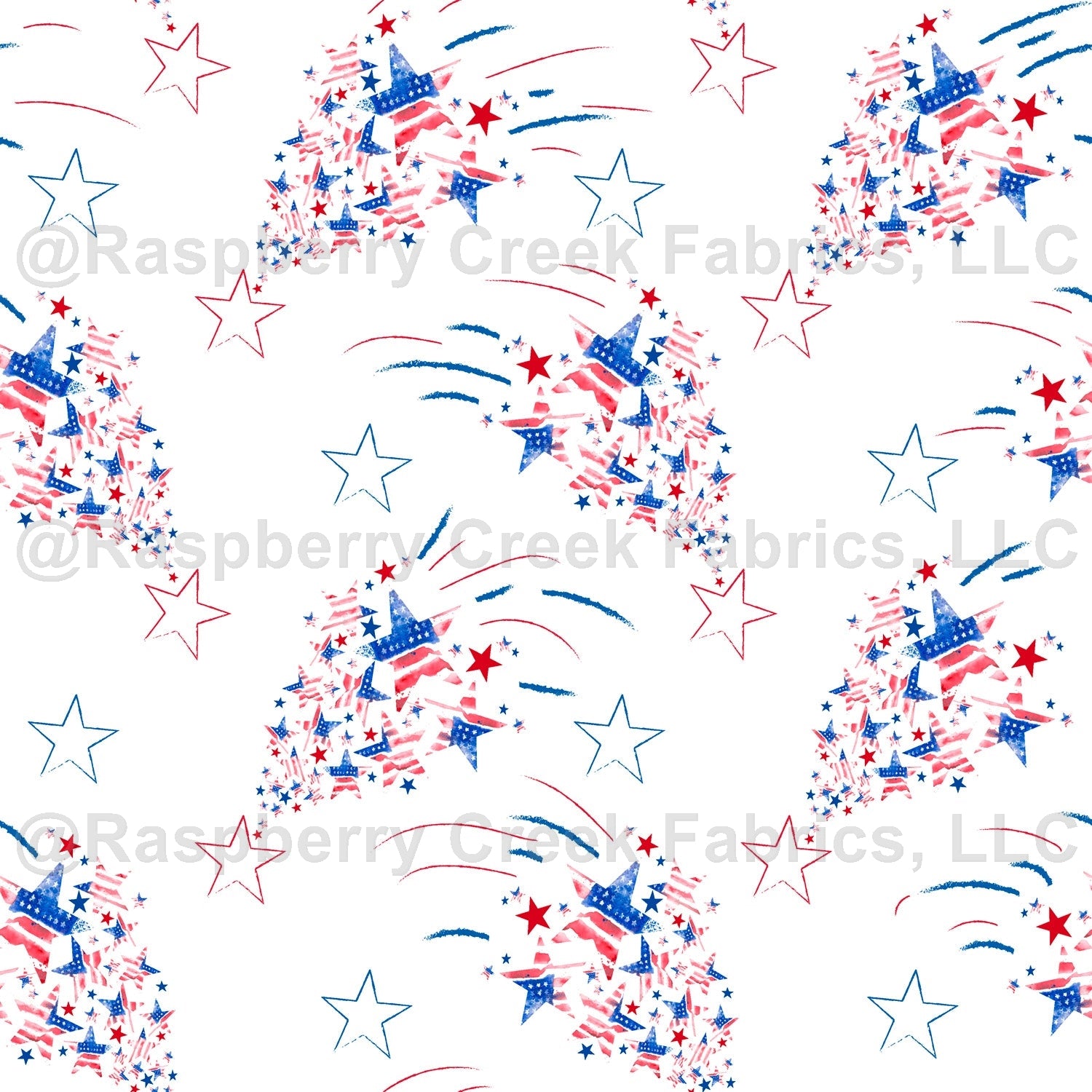Red Royal Blue and White Starburst Shooting Star Print Fabric, Patriotic by Elise Peterson