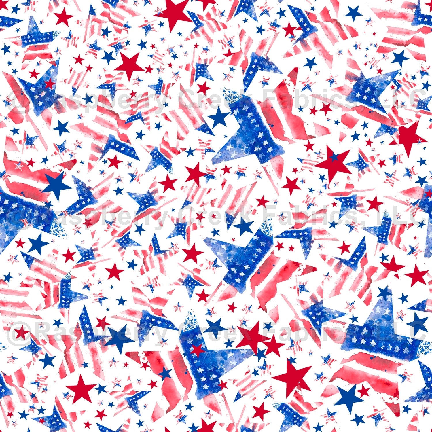 Red Royal Blue and White Striped Star Print Fabric, Patriotic by Elise Peterson Fabric, Raspberry Creek Fabrics, watermarked