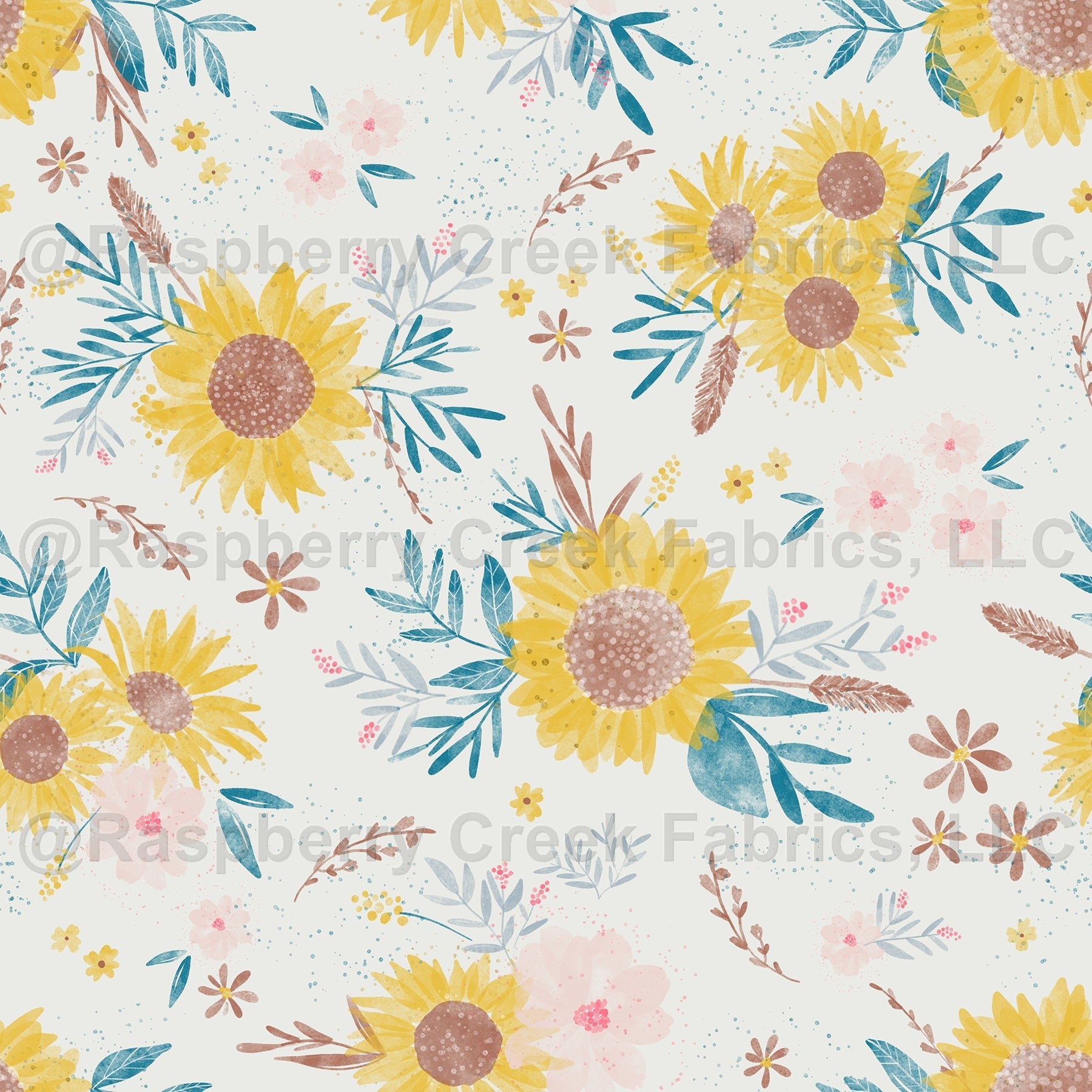 Watercolor Sunflowers on Beige | Sunflower Fields Forever by Kim Henrie Fabric, Raspberry Creek Fabrics, watermarked