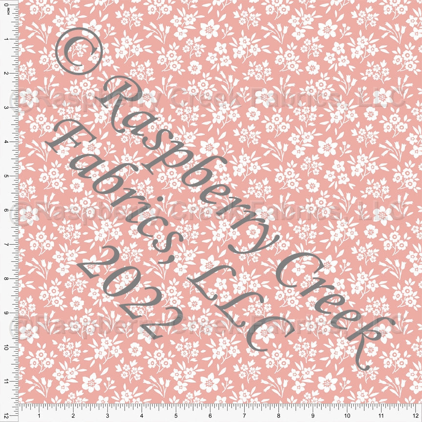 Dusty Pink and White Ditsy Floral Print Stretch Crepe Fabric, CLUB Fabrics Fabric, Raspberry Creek Fabrics, watermarked