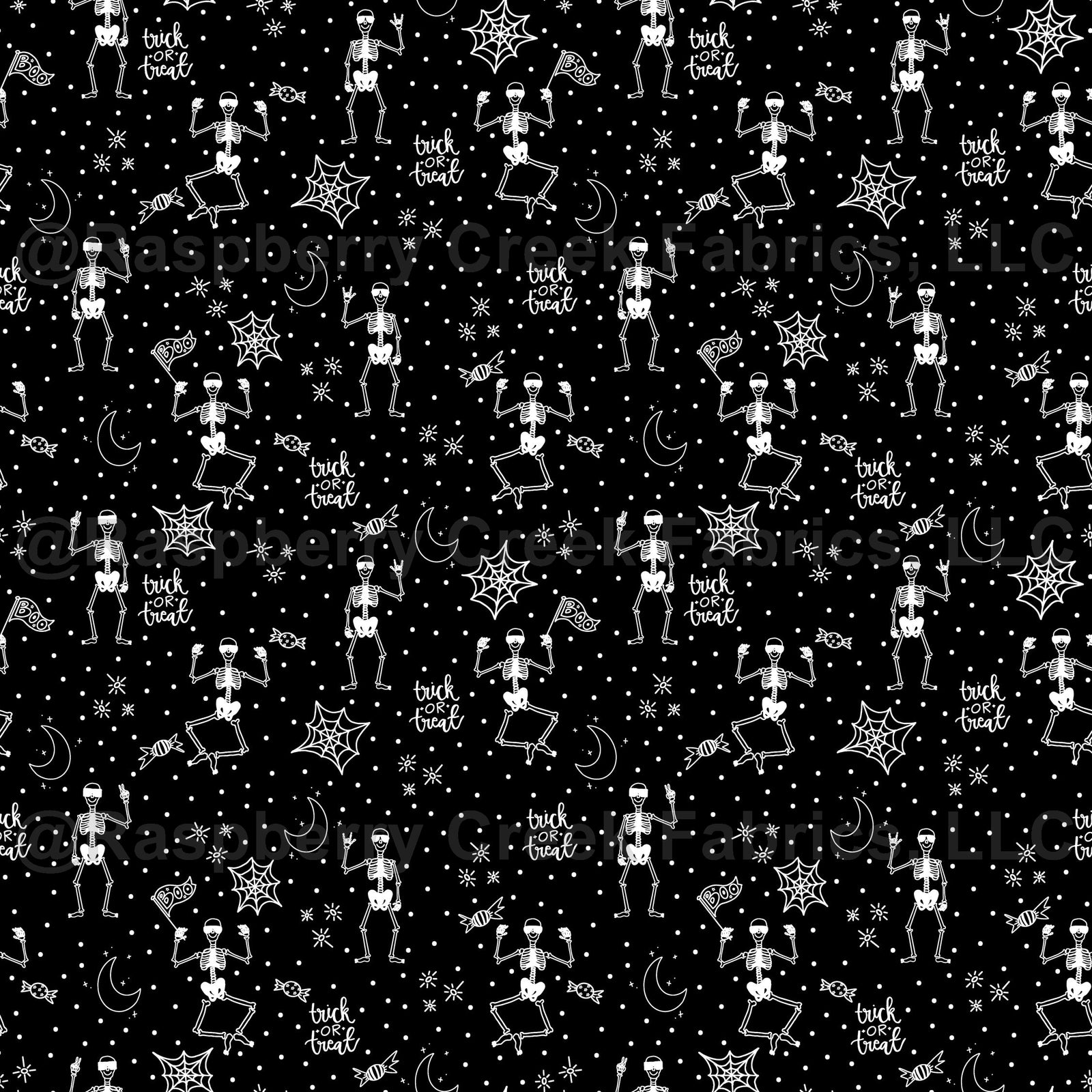 White and Black Happy Skeletons Double Brushed Poly Knit Fabric, By Kimberly Henrie Fabric, Raspberry Creek Fabrics, watermarked