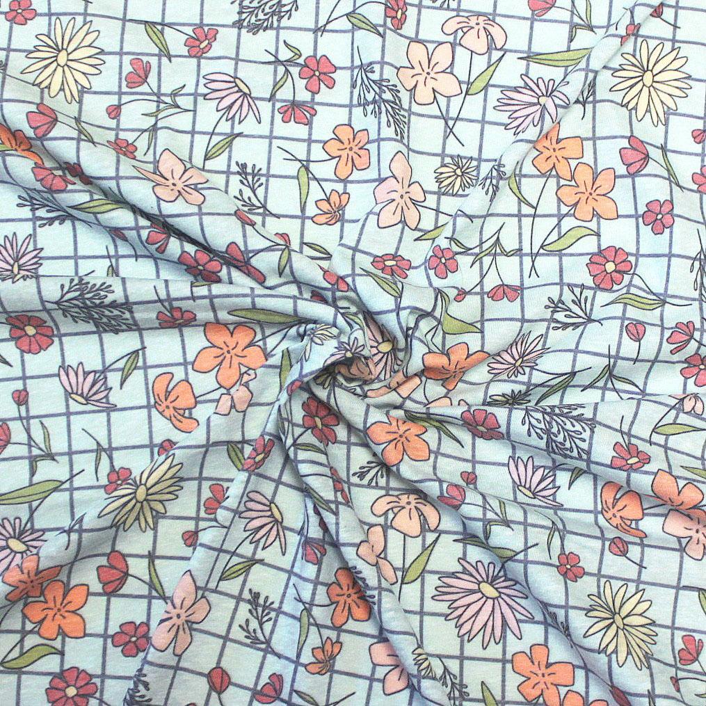 Mint Denim Blue Orange Yellow and Dusty Red Heathered Windowpane Floral Tri-Blend Jersey Knit Fabric, By Emily Ferguson for CLUB Fabrics Fabric, Raspberry Creek Fabrics